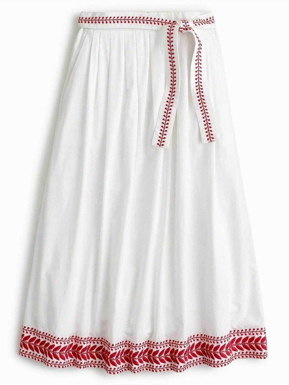 J Crew White Cotton Maxi Skirt Size L Scarlet Red Embroidery Sash Belt Lined - Picture 1 of 16